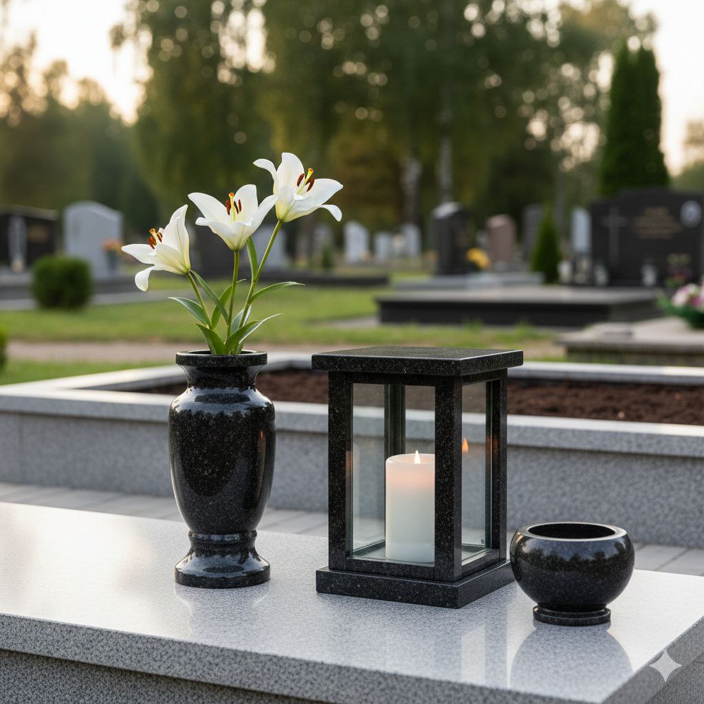 Гранитные аксессуары для благоустройства могил: вазы, фонари, столешницы, цветники